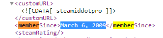 Vârsta contului Steam în codul profilului XML